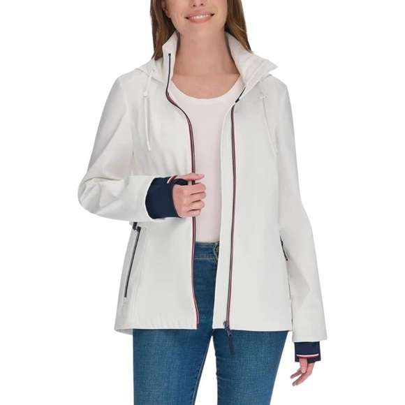 New Tommy Hilfiger Women's White Red Blue Hooded Rain Windbreaker Jacket XXL - Picture 1 of 17